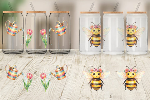 Glass Can Watercolor Groovy Retro Floral Garden Sublimation artnoy 