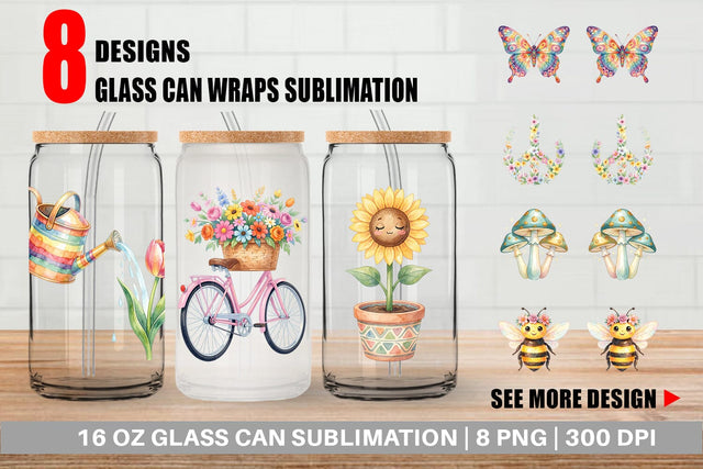 Glass Can Watercolor Groovy Retro Floral Garden Sublimation artnoy 