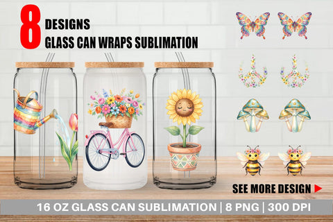 Glass Can Watercolor Groovy Retro Floral Garden Sublimation artnoy 
