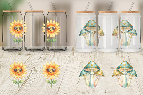 Glass Can Watercolor Groovy Retro Floral Garden Sublimation artnoy 