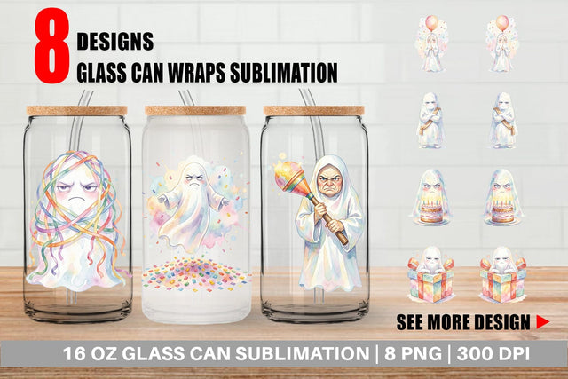 Glass Can Watercolor Grumpy Anti Social Ghost Sublimation artnoy 