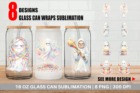 Glass Can Watercolor Grumpy Anti Social Ghost Sublimation artnoy 