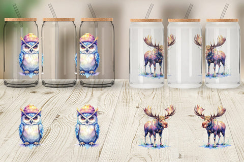 Glass Can Watercolor Grumpy Camping Animals Sublimation artnoy 