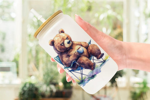 Glass Can Watercolor Grumpy Camping Animals Sublimation artnoy 