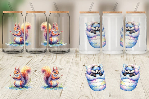 Glass Can Watercolor Grumpy Camping Animals Sublimation artnoy 