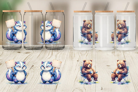 Glass Can Watercolor Grumpy Camping Animals Sublimation artnoy 