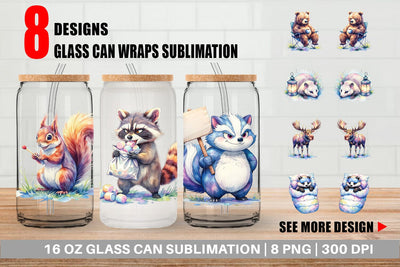 Glass Can Watercolor Grumpy Camping Animals Sublimation artnoy 