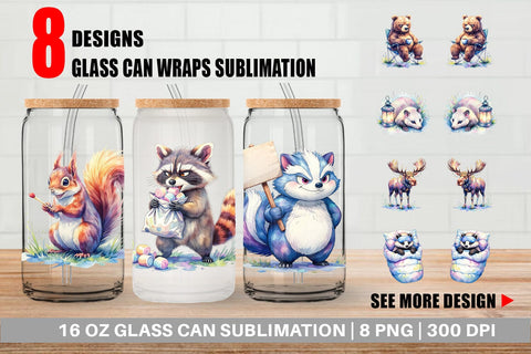 Glass Can Watercolor Grumpy Camping Animals Sublimation artnoy 