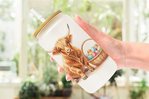 Glass Can Watercolor Highland Cow Easter Sublimation artnoy 