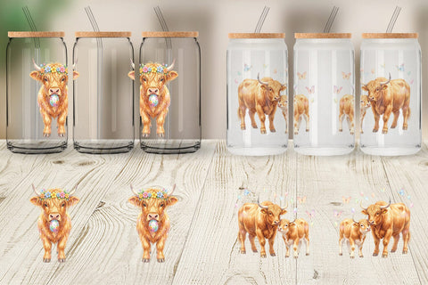 Glass Can Watercolor Highland Cow Easter Sublimation artnoy 