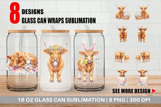 Glass Can Watercolor Highland Cow Easter Sublimation artnoy 