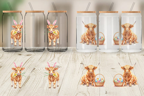 Glass Can Watercolor Highland Cow Easter Sublimation artnoy 