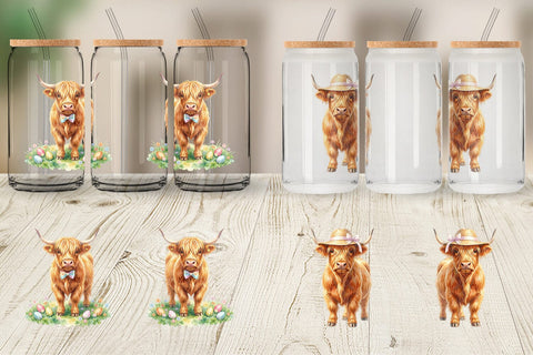 Glass Can Watercolor Highland Cow Easter Sublimation artnoy 