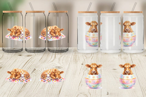 Glass Can Watercolor Highland Cow Easter Sublimation artnoy 