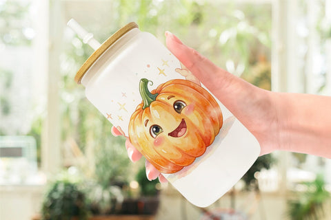 Glass Can Watercolor Kawaii Cute Pastel Pumpkin Sublimation artnoy 
