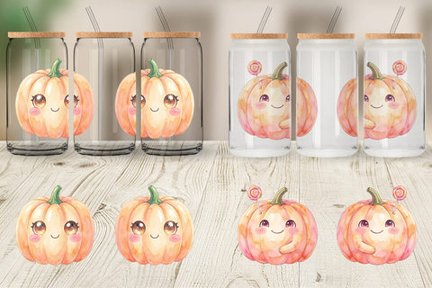 Glass Can Watercolor Kawaii Cute Pastel Pumpkin Sublimation artnoy 