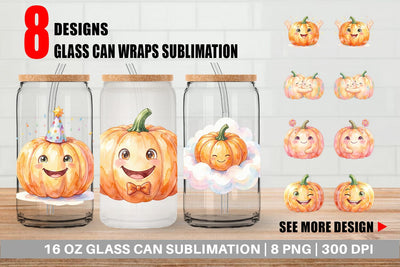 Glass Can Watercolor Kawaii Cute Pastel Pumpkin Sublimation artnoy 