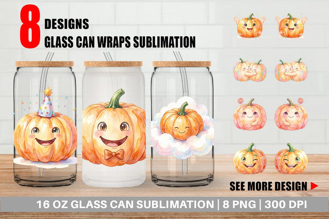 Glass Can Watercolor Kawaii Cute Pastel Pumpkin Sublimation artnoy 