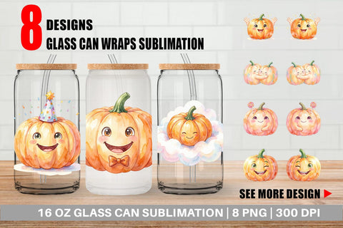 Glass Can Watercolor Kawaii Cute Pastel Pumpkin Sublimation artnoy 