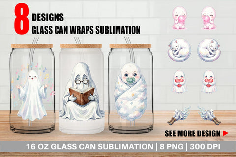 Glass Can Watercolor Kawaii Pastel Sleepy Ghost Sublimation artnoy 