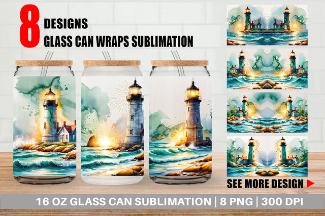 Glass Can Watercolor Lighthouse Sublimation artnoy 