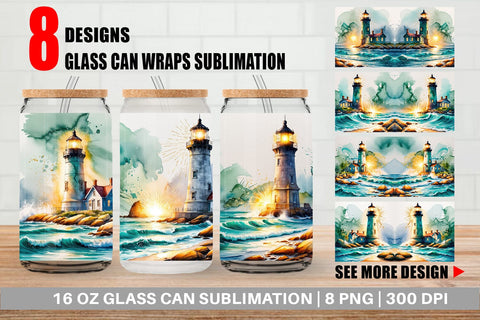 Glass Can Watercolor Lighthouse Sublimation artnoy 