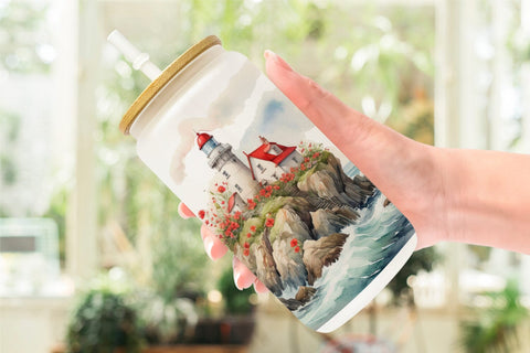 Glass Can Watercolor Lighthouse Sublimation artnoy 