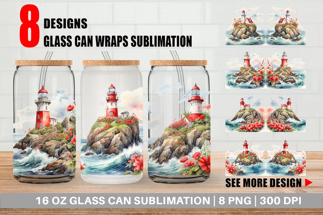 Glass Can Watercolor Lighthouse Sublimation artnoy 