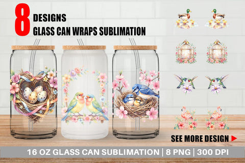 Glass Can Watercolor Mama Bird And Floral Nest Art Sublimation artnoy 