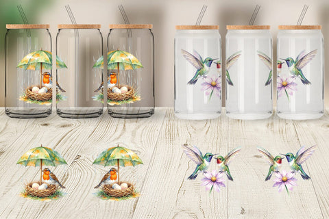 Glass Can Watercolor Mama Bird And Floral Nest Art Sublimation artnoy 