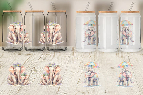 Glass Can Watercolor Mom And Baby Elephant Love Art Sublimation artnoy 