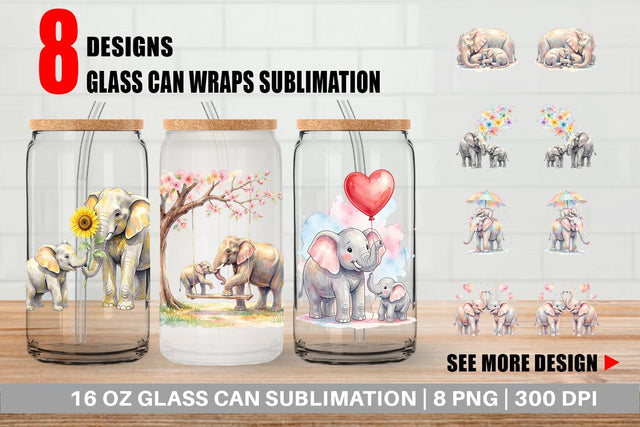 Glass Can Watercolor Mom And Baby Elephant Love Art Sublimation artnoy 