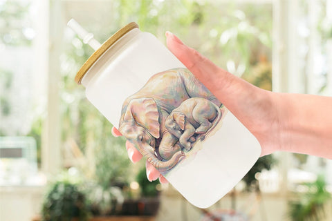 Glass Can Watercolor Mom And Baby Elephant Love Art Sublimation artnoy 