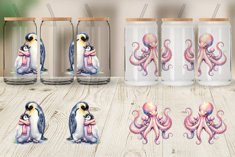 Glass Can Watercolor Mom and Baby Ocean Animals Sublimation artnoy 