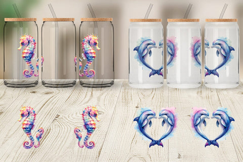Glass Can Watercolor Mom and Baby Ocean Animals Sublimation artnoy 