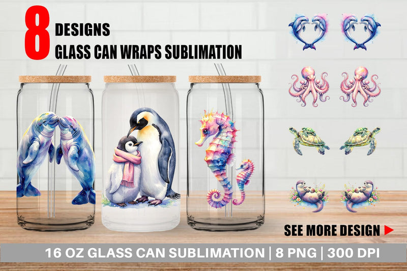 Glass Can Watercolor Mom and Baby Ocean Animals Sublimation artnoy 