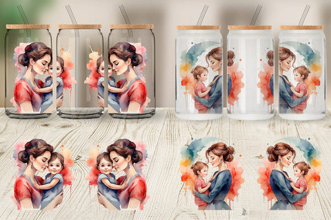 Glass Can Watercolor Mom and Kid Sublimation artnoy 