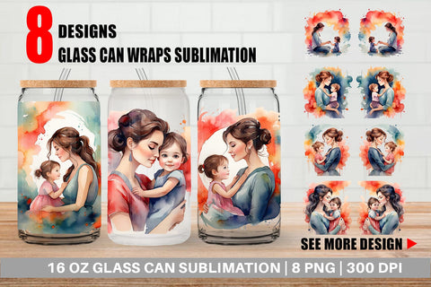 Glass Can Watercolor Mom and Kid Sublimation artnoy 