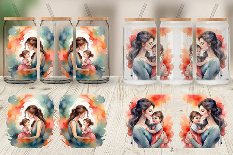 Glass Can Watercolor Mom and Kid Sublimation artnoy 