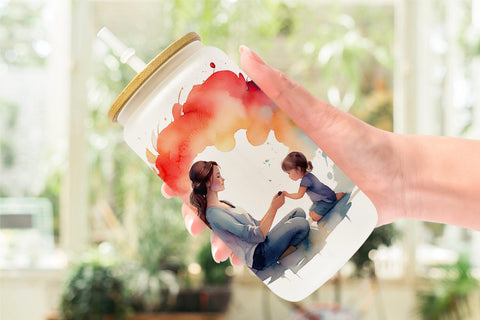 Glass Can Watercolor Mom and Kid Sublimation artnoy 