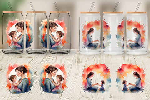 Glass Can Watercolor Mom and Kid Sublimation artnoy 