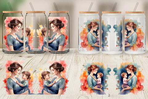 Glass Can Watercolor Mom and Kid Sublimation artnoy 