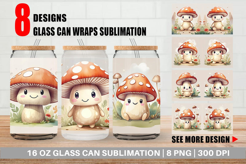 Glass Can Watercolor Mushrooms Sublimation artnoy 