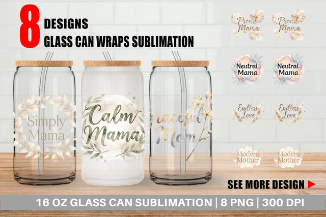 Glass Can Watercolor Neutral Boho Botanical Mama Quotes Sublimation artnoy 
