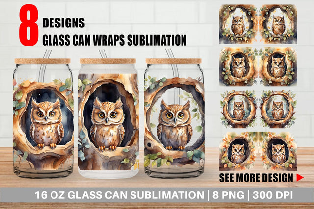 Glass Can Watercolor Owl Sublimation artnoy 