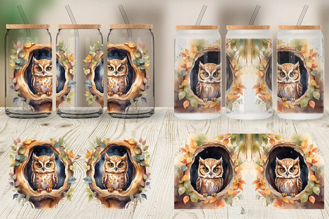 Glass Can Watercolor Owl Sublimation artnoy 