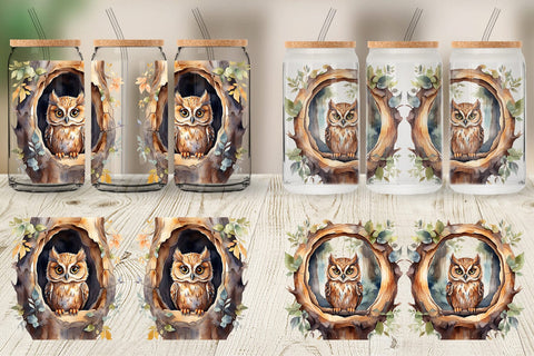 Glass Can Watercolor Owl Sublimation artnoy 