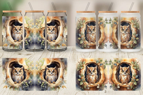 Glass Can Watercolor Owl Sublimation artnoy 