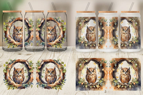Glass Can Watercolor Owl Sublimation artnoy 