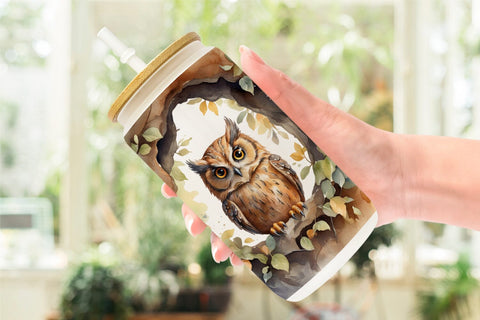 Glass Can Watercolor Owl Sublimation artnoy 